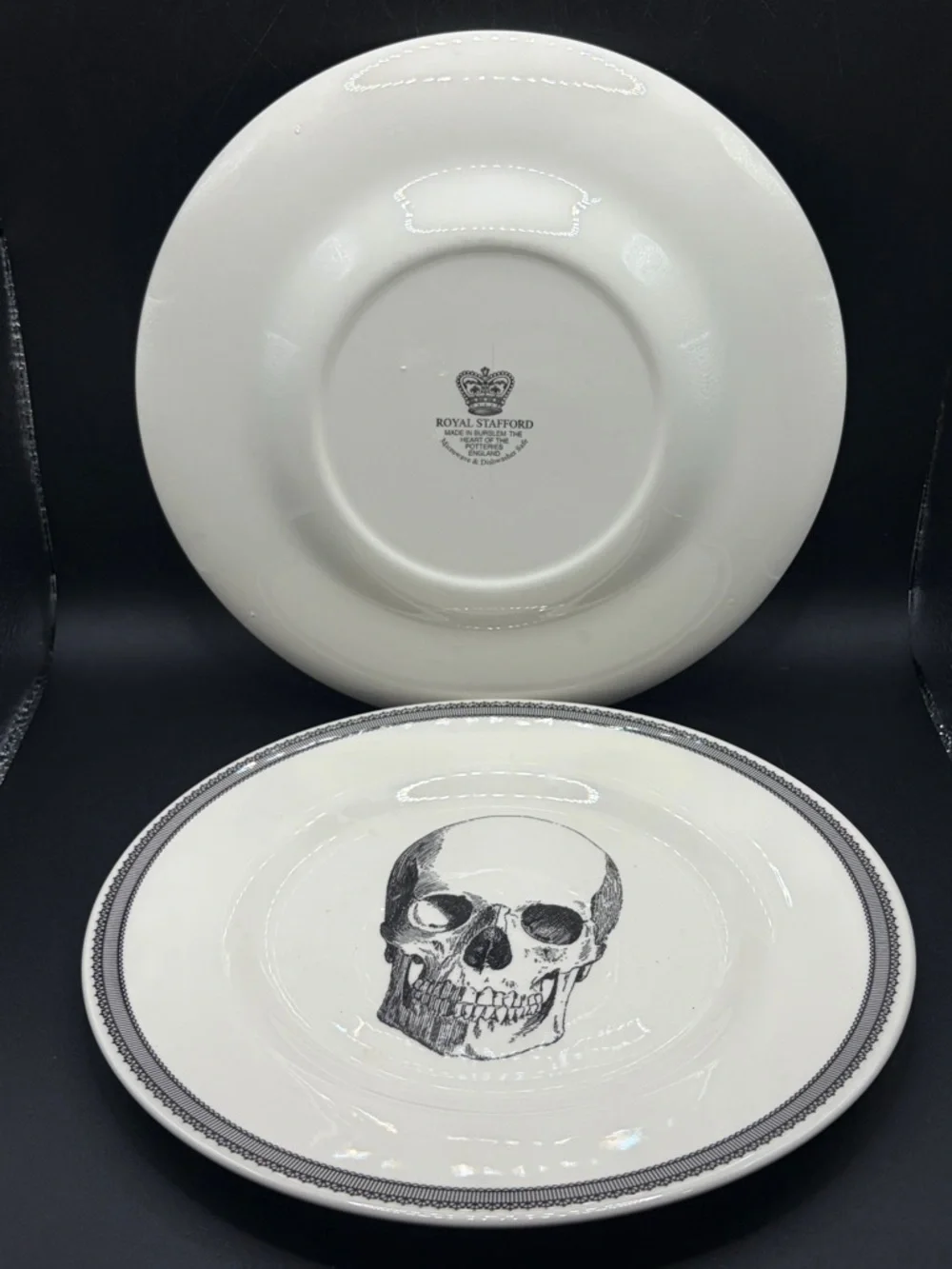 Pair Royal Stafford English Pottery Skull Plates, Skeleton Dishes Goth Tableware
